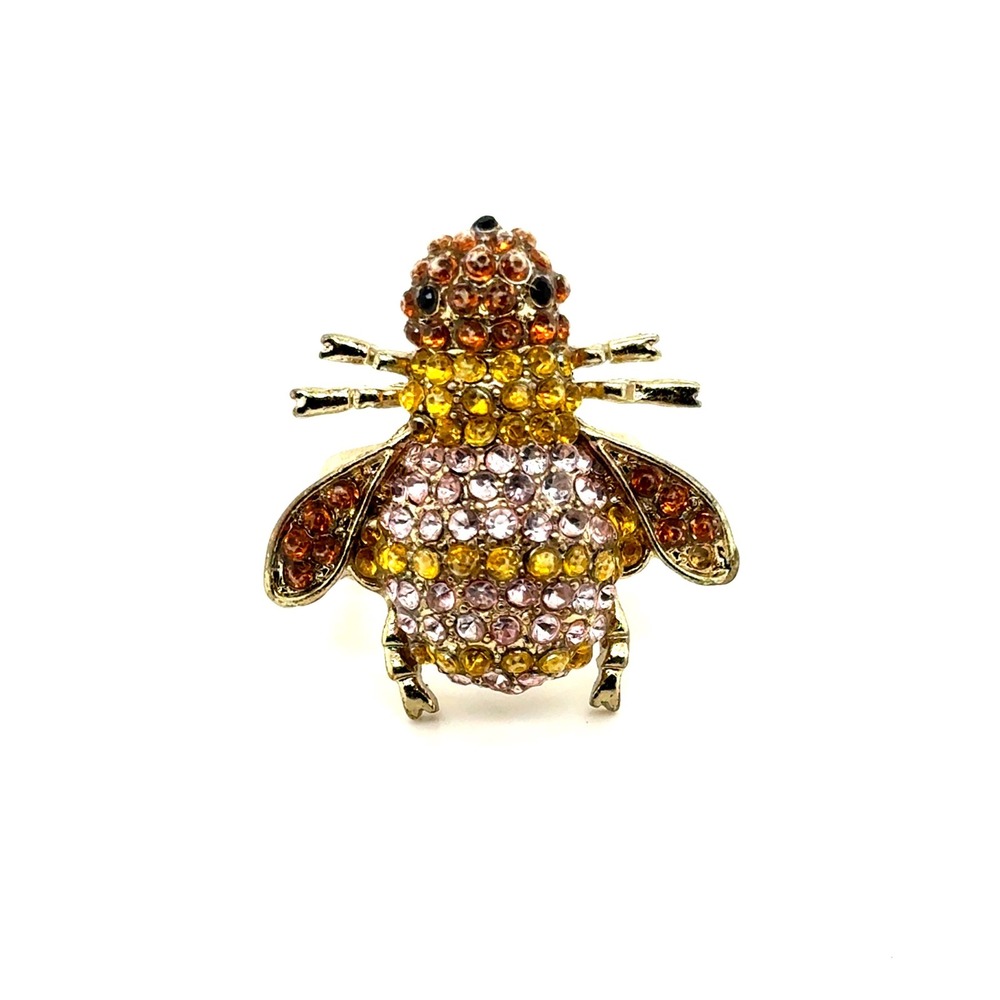 Gold Tone‎ Rhinestone Honey Bee Stretch Cocktail Ring Amber Pink Yellow Sparkle